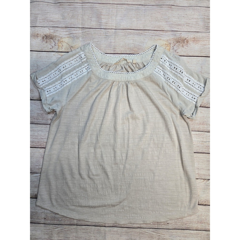 Soft Surroundings Women's Lace Trim Shirt Top Size Small Beige Boho Cottagecore